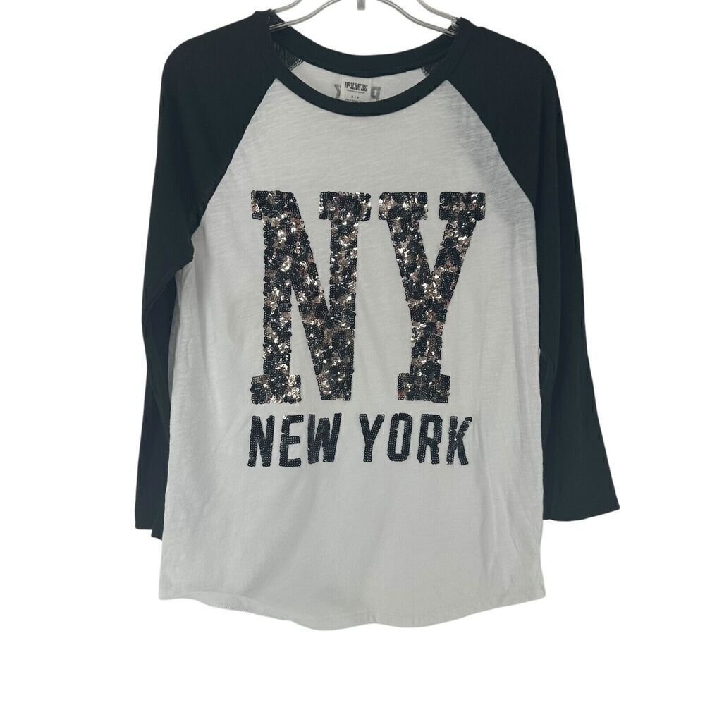 PINK Victorias Secret Sequin Raglan Tee New York Animal Print Size S Black White